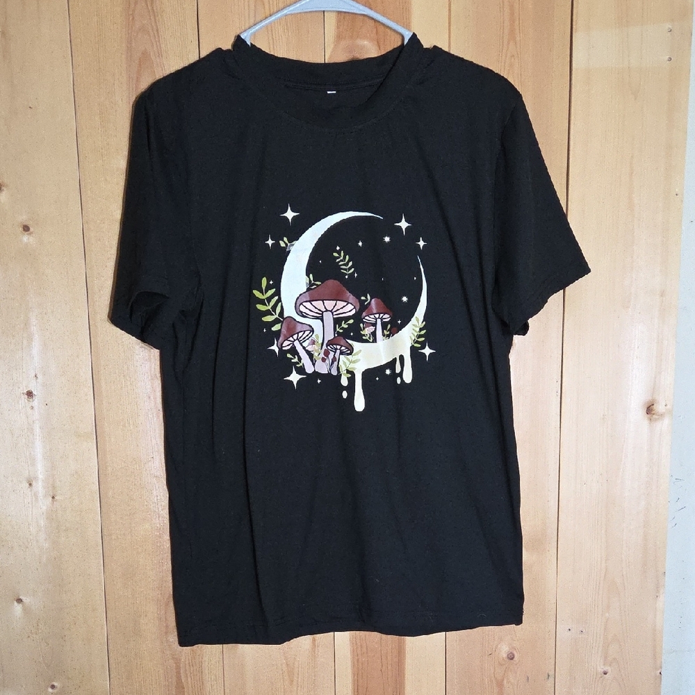 Black T-Shirt with Mushroom and Moon Design